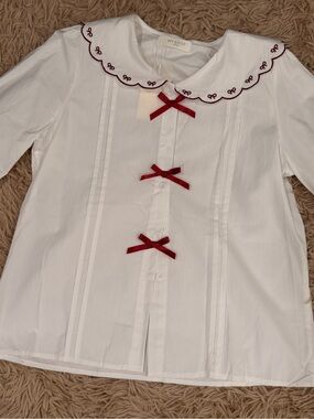 My Shop White Blouse with Red Bow Accents